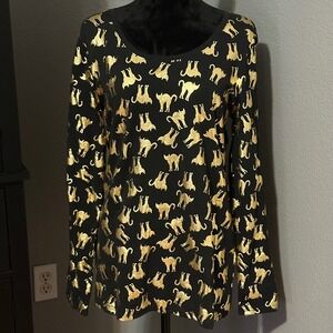 No Boundaries Top Juniors XL Black Gold Cat Print Top Y2K Metallic Stretch NWT